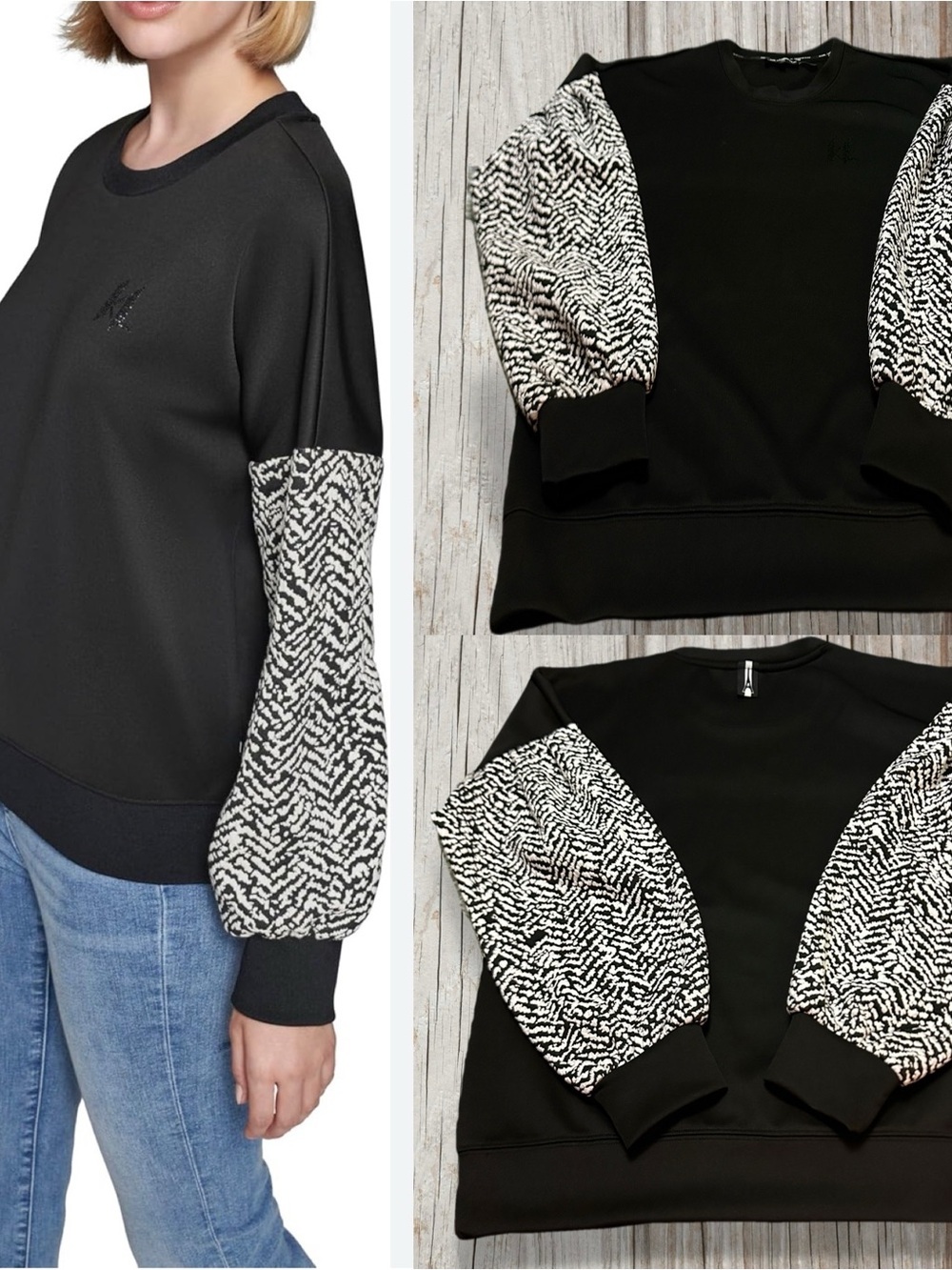 Karl Lagerfeld Black Sweatshirt with Black & White Patterned Balloon Sleeves M